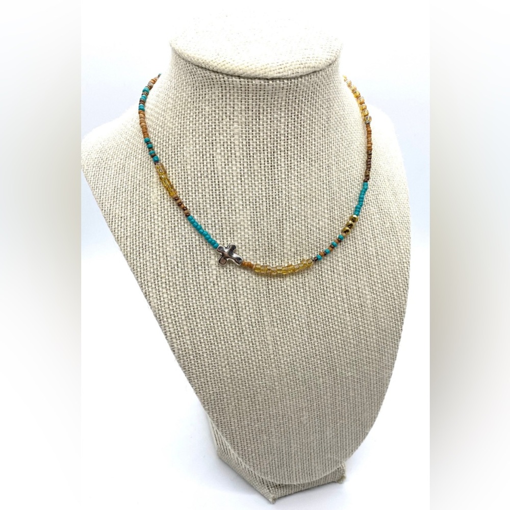 Blue Beaded Necklace Silver Cross Boho Y2K Fall Festival Southwestern Eclectic - Picture 8 of 8